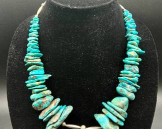 Vintage Native American Turquoise Slab Beaded Necklace with Sterling Silver