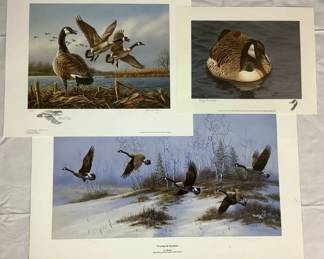 Trio of Canadian Geese Prints featuring Solitude by Jerry Gadamus, Crossing the Snowfield by Micheal Bargelski, and Good Morning by James A Meger