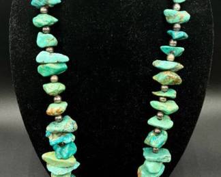 Chunky Vintage Native American Turquoise and Sterling Silver Nugget Necklace Total Length 34"