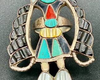 Zuni HE Cellicion Stamped .925 Sterling Silver Multi Stone Inlay Kachina Ring - Size 7