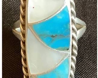 Nelson Lee Zuni .925 Sterling Silver Turquoise and Shell Ring Size - 10.75