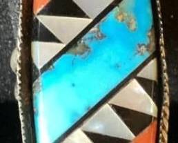 Long Oval Multi Stone Inlay .925 Sterling Silver Ring - Size 8.5 oz