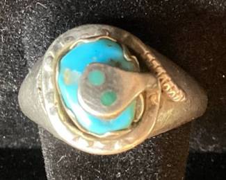 Small Snake Turquoise .925 Sterling Silver Ring by Effie C. Zuni - Size 9.5