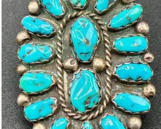 Large Turquoise Cluster .925 Sterling Silver Ring - Size 11