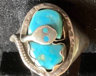 2 Turquoise Stone .925 Sterling Silver Snake Ring by Effie C. Zuni - Size 10.5
