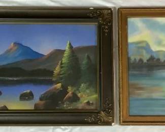 Pair of Vintage Framed Original Artwork Pieces Depicting Mountain Landscapes by M.S. Pollard 12/41 ( 32.5"x18.5") and Nelson SC (22.5"x19')