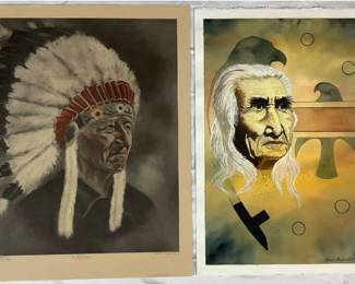 Native American Collection Featuring Original Painting by Ojibwe Artist Donald Kakageesick - Signed - 15"x22.25" and "Ka Ka Gesick - Everlasting Sky" Print by Jackie Dingman - Signed 12/250 Marked: Hand Painted - 17.5"x22"