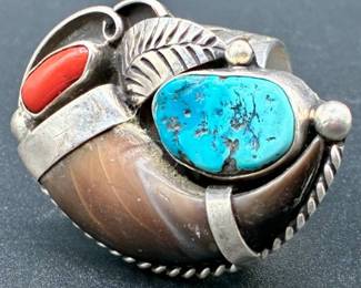 Bear Claw Turquoise and Coral .925 Sterling Silver Ring Size 13.5