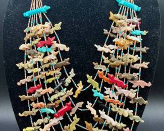 Zuni Fetish 7 Strand Necklace with Turquoise, Onyx, Abalone and Coral