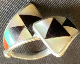 Wrap Design Zuni Stamped .925 Sterling Silver Multi Stone Inlay Ring - Size 10.5
