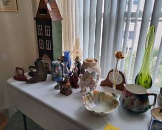 ANTIQUE IRONS, FAIRY LAMPS, PORCELAIN BOWLS, VINTAGE VASES, COOKIE JAR