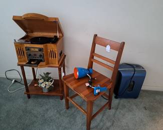 SHREADER, 3 WAY ENTERTAINMENT, STURDY OLD WOOD CHAIR, CLAMP ON LIGHT
