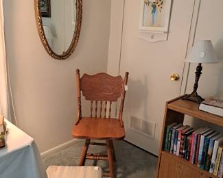 FOOT STOOL, SMALL COUNTRY CHAIR, OVAL MIRROR