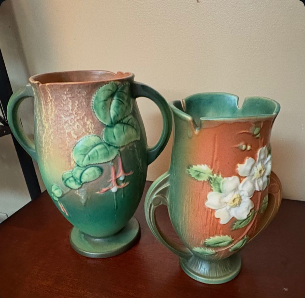 Vintage Roseville Whiterose Pottery and Vintage Roseville Pottery Fuchsia Green and Brown Handled Vase #901-10