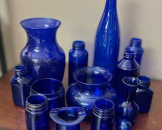 Vintage Cobalt blue medicine jars and cases