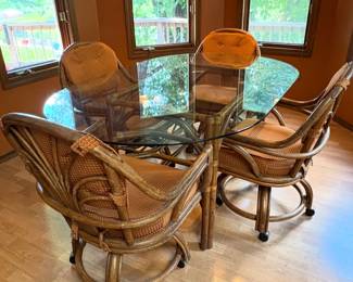 Vintage Dining Set Rattan Swivel Caster Chairs and Table Set Ficks Reed Style Rattan Vintage