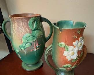 Vintage Roseville Whiterose Pottery and Vintage Roseville Pottery Fuchsia Green and Brown Handled Vase #901-10