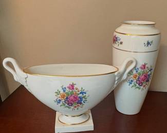 vintage Lenox swan handle vase and upright vase with a floral spray design and 24K gold trim.