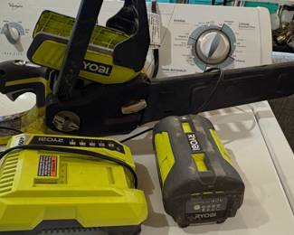 RYOBI 40V HP Brushless Chainsaw with a 40V battery and charger.