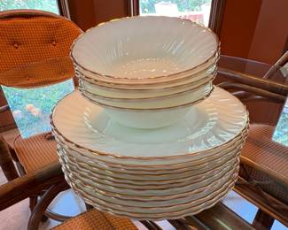 vintage Anchor Hocking Fire King dinnerware in the Seashell Swirl pattern with 22k gold trim