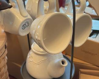 White Ceramic Teapot and Mug Set with Stand 