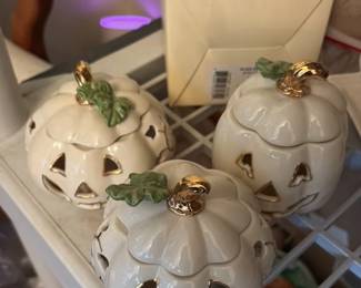 White Ceramic Pumpkin Luminaries with Gold Accents 