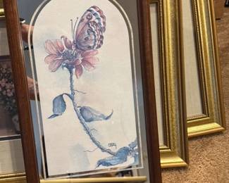 Framed Watercolor of Butterfly and Flower 