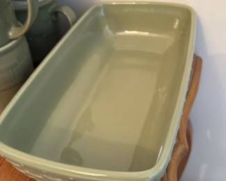 Sage Green Ceramic Basketweave Serving Dish and Mugs Set 