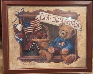 Framed "God Bless America" Teddy Bear Print 