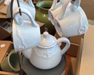 White Ceramic Tea Set with Fleur-de-lis Motif 