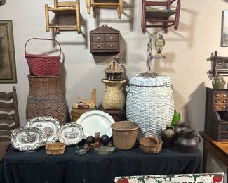 Country Chair, Split Oak Basket, Folk Art, Pottery Pitcher