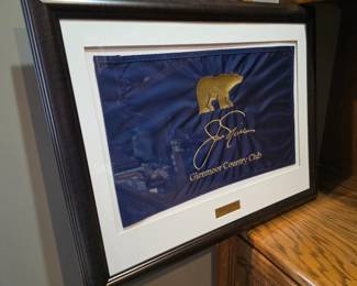 framed golf flag from Glenmoor Country Club, featuring a prominent golden bear logo, golf legend Jack Nicklaus