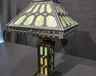 Vintage Black Cast Iron Green Slag Glass Table Lamp.