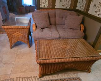 Gorgeous Henry Link Wicker love seat with coffee table and end table. 