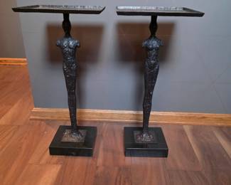 In the Style of Alberto Giacometti (Swiss 1901-1966), Pair Figural Bronze Side Tables, male and female. 