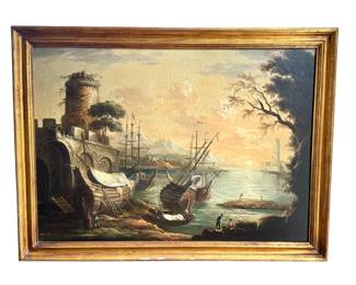 Italian Oil Painting of A Harbor Scene
