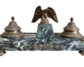 Antique French Bronze & Marble Double Inkwell & Blotter