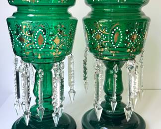 Antique Victorian Green Lustre Art Glass Mantel Decor