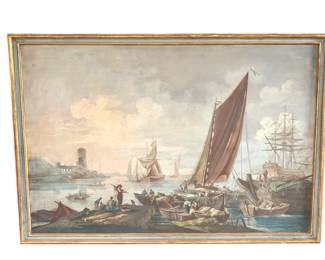 Antique Italian Oil on Canvas Painting Depicting Ships at Port