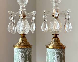 Jasperware Glass & Brass Candlestick Holders
