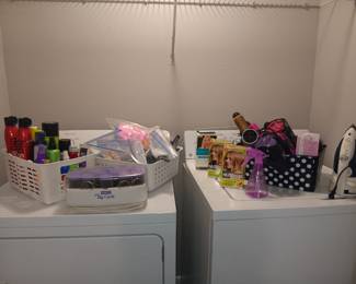 Hair items, blow dryers, and flat irons.