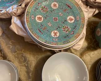 Vintage Mu Shou Longevity pattern Full Service Soup and Dinner set. Rare Blue Pattern