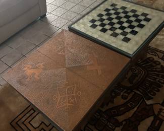 Wooden Side Tables with custom tops, copper and mother of pearl checker board $150 each