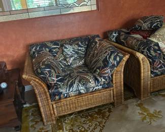 1980s Rattan Oversized Chairs x 2. with gorgeous textile. in LIKE NEW condition - used in a formal living room only used during special occasions. 