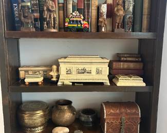 Vintage books. brass, decor and Ecuadorian Carved bone boxes. 