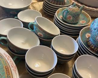 Vintage Mu Shou Longevity Pattern in Blue Full Service Soup and rice bowls 