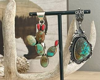 STERLING AND TURQUOISE W/RED CORAL CACTUS PENDANT, VINTAGE NATIVE AMERICAN TURQUOISE PENDANT