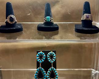 STERLING SILVER NATIVE AMERICAN SIGNED RINGS AND TURQUOISE EARRINGS