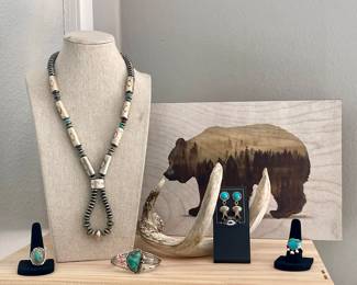 STERLING SILVER NATIVE AMERICAN BEAD CHAIN, NATIVE AMERICAN SIGNED TURQUOISE RINGS, BANGLE BRACELET, SQUASH BLOSSOM EARRINGS