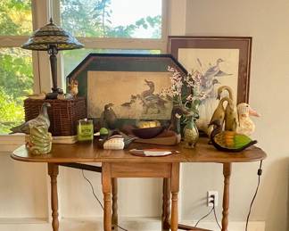 ANTIQUE DROP LEAF TABLE, DUCK DECOR, TIFFANY STYLE LAMP
